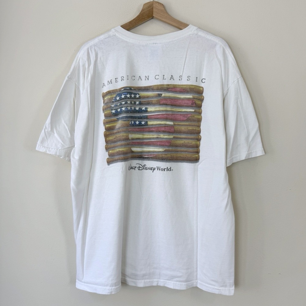 Vintage 90's Disney Baseball American Classic Flag Bat White Tee Shirt - XL